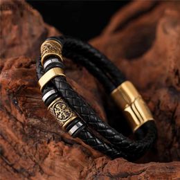 Bangle Punk Men Vikings Style Genuine Leather Bracelet Braided Multilayer Stainless Steel Norse Runes Bead Bangles Couple Jewellery Gift ldd240312