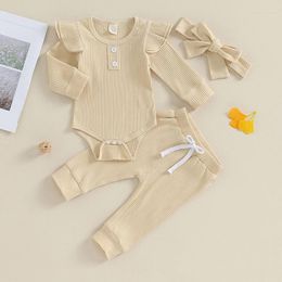 Clothing Sets Infant Baby Girl Fall Outfit Solid Color Ribbed Long Sleeve Romper Pants Bow Headband 3Pcs Set