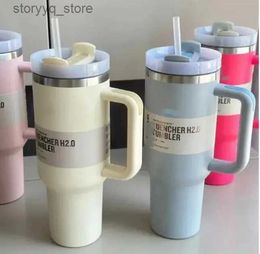 Mugs Camelia Pink Gradient H2.0 40oz Stainless Steel Tumblers Cups with Silicone handle Lid And Straw Travel Car mugs Keep Drinking Cold Water Bottles DHL 1222 L240312