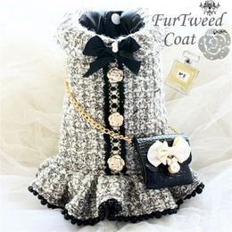 Handmade Dog Clothes Vintage C Style Grey Tweed Imitation Crocodile Leather Bag Dog Dresses Coat Winter Spring 20112183j