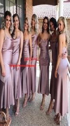 Tea Length Dusky Purple Satin Bridesmaid Dresses 2020 Spaghetti Straps Wedding Party Dress Sexy Side Split African Short Formal Dr6881435