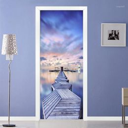 Modern 3D Blue Sky Sea View Wood Bridge Door Sticker Living Room Bedroom Creative Po Wall Mural Waterproof Wallpaper 3D1320G