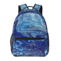 Backpack Abstract Blue Marble With Golden Sequins Women Men Large Capacity Outdoor Travel Bag Casual