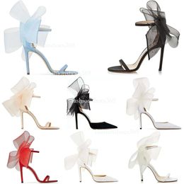 with BOX Designer Shoe High Heels Sandals Women Heel Averly Pumps Aveline Sandal with Asymmetric Grosgrain Mesh Fascinator Bows Dress Shoes Black Fuchsia
