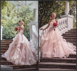 2020 Romantic Blush Ball Gown Wedding Dresses Ruffles Organza Beads Lace Sweetheart Neck Sash Country Outdoor Wedding Bridal Gowns3863522