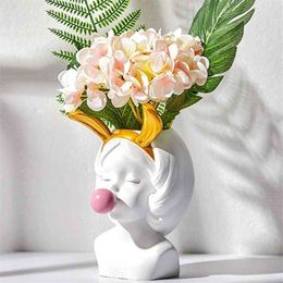 White Resin Vase Flower Pot Nordic Style Cute Human Head Flower Vases Basket Pen Brushes Holder Home Decoration 2104092914