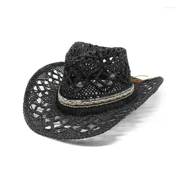 Berets Summer Hollowed Hand-woven Western Cowboy Straw Hats Outdoor Wide Brim Breathable Beach Jazz Cap Fashion Men Women Handmade Hat