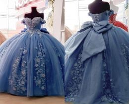 Dusty Blue Pearls Beaded Formal Quinceanera Dresses 2022 Floral Lace Flowers Applique Off The Shoulder Big Bow Ball Gown Evening P7742685