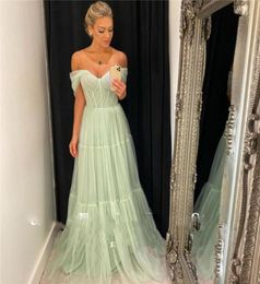 Light Mint Green Tulle Long Prom Dresses Off Shoulder Sleeves Sweetheart Evening Gowns Custom Made8897997