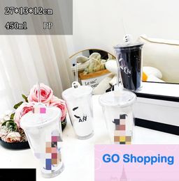 All-match Internet Celebrity Plastic Cup Glitter Cold Drink Juice Cup Transparent Tape Flat Lid Double-Layer Cup with Straw
