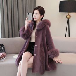 Particle 2023 Sheep New Fleece Women's Mid Length Fox Hair Hooded Lamb Fur Grass Coat A-Line Edition 2297