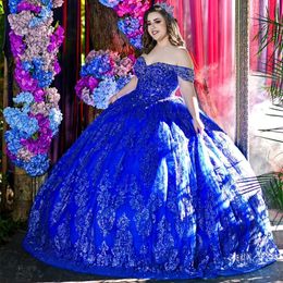 Mexico Blue Quinceanera Dresses Glitter Applique Crystal Sequined Ball Gown Off The Shoulder Beading Corset Vestidos De 15 16 Anos