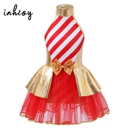 Stage Wear Kids Girls Christmas Dance Dress Halter Neck Ballet Tutu Leotard Sequins Bow Candy Cane Costume Figure Skating Performance