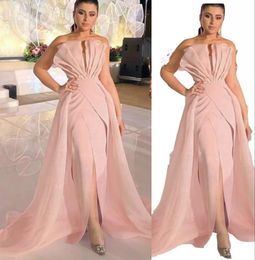 2022 Simple Vintage Mermaid Evening Dresses Pink Soft Stain Formal Dress Elegant Party Dress Prom Gown Detachable Train Vestidos D5294730