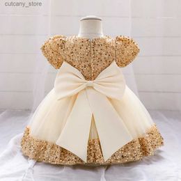 Girl's Dresses Big Bow Gold Sequins Party Baby Girls Dress Toddler Tutu Lace 1st Birthday Princess Dresses For Girl Wedding Prom Christmas Gown L240313