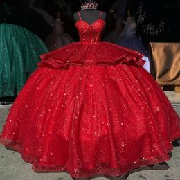 Czerwony błyszczący quinceanera sukienka spaghetti pasek księżniczki kryształ tull słodka przyjęcie urodzinowe suknia vestido de 15 anos