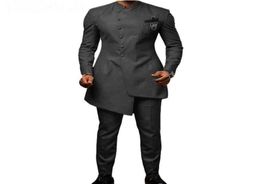 African Stand Collar Men Suit 2 Piece Male Dress Wedding Groom Dark Grey Slim Fit Business Prom Party Tuxedo Man Blazer Men039s7447318