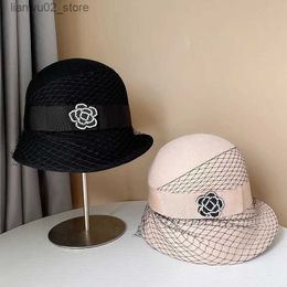 Wide Brim Hats Bucket Hats High quality small fragrant camellia wool felt hat Elegant French top hat Fashion net yarn with Fisherman hat womens party hat Q240312