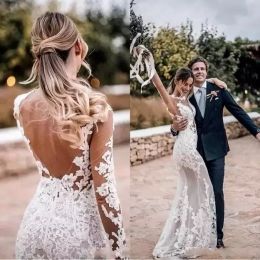 Sexy Sheer Bohemian Wedding Dresses Sheath Long Sleeves Lace Appliqued Backless Beach Boho Bridal Gowns BC