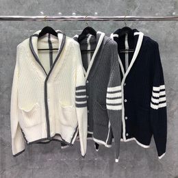 Men's Sweaters Autunm Winter Fashion Brand Sweater Male Classic Aran Cable White Edge 4-Bar Tops V-Neck Cardigan Coats