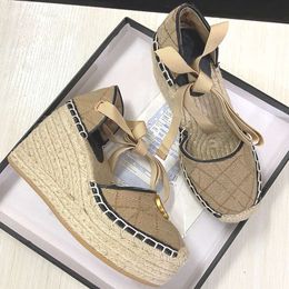 Designer Womens Wedge Platform Sandals Espadrille Shoes Real Leather Ankle Lace-up Matelasse Espadrille Ladies High Heel 12cm Size 35-41 With Box 037