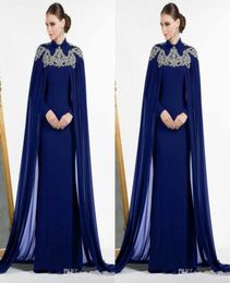 Arabic Dark Blue Dubai Evening Dresses With Cape Beaded High neck Fitted Mermaid Long Prom Dress Long Sleeve Kaftan Morocco Mom Dr8370981