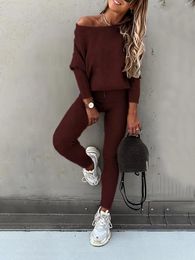 Women's Two Piece Pants 2024 Upgrade Materials Casual Solid Sports Two-piece Set With Slanted Shoulder Long Sleeve Hoodies & Tied Striped