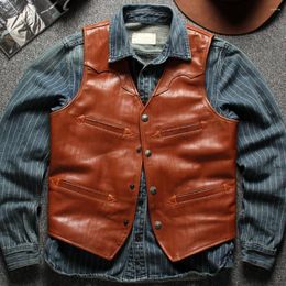 Men's Vests Genuine Leather Mens Suit Vest Cowhide Summer Male Camisole Weskit Coat Sleeveless Real Cow Riding Waistcoat Fashion