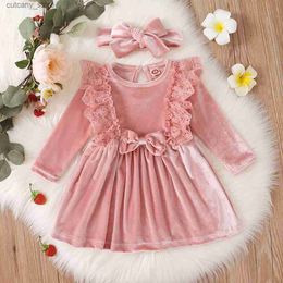 Girl's Dresses Fall Winter Kids Girls Long-sleeved Dress Baby Girls Long-sleeved Solid Ruffled Velvet Dress And Headband Party Dress L240311