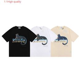 Trendy RHUDE football star with the same black panther letter print short sleeved t-shirt for men and women couple high street half sleeved