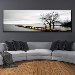 Calm Lake Surface Long Yellow Bridge Scene Black White Canvas Paintings Poster Prints Wall Art Pictures Living Room Home Decor208r