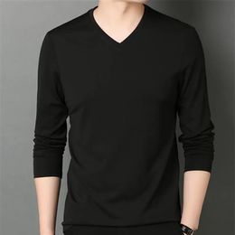 Fashion Men Solid Basic TShirts Spring Autumn Male Clothes VNeck Tee Long Sleeve Bottoming Thin Slim Casual Pullover Tops 5XL 240312