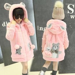 Jackets 2024 Korean Autumn Winter Kids Girls Coat Fleece Drawstring Hoodie Zippwer Long Down Knitted Sleeve Children Parka