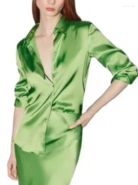 Women's Blouses 2024 Fashion Summer Autumn Women Elegant Long Sleeve Basic Shirts Female Vintage Green Soft Satin Beautiful Tops