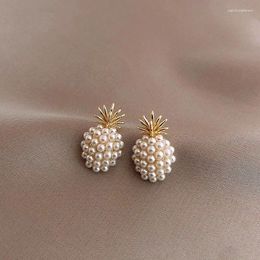 Stud Earrings Pineapple Pearl For Women Gold Color French Senior Sense Earings Jewelry Female 2024 Trend Ear Studs S925 Silver Needle