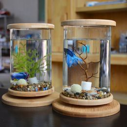 1pcs Glass Betta Fish Tank Bamboo Base Mini Fish Tank Decoration Accessories Rotate Decoration Fish Bowl Aquarium Accessories Y2003290