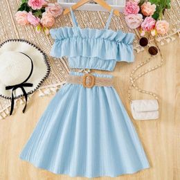 Girl Dresses 2PCS Kid Girls Summer Clothes Off Shoulder Spaghetti Strap Crop Tops Belted Skirt Set Spring Outfits