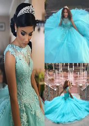 Pretty Aqua Blue quinceanera dresses Ball Gown Sheer Neck Applique Beaded Prom Dress Open Back Tulle Sweet 16 Dresses Vestido5417517