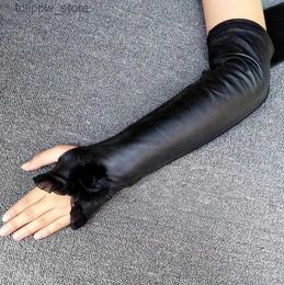 Protective Sleeves Womens autumn winter natural sheepskin leather patchwork kniited yarn elastic long leather glove ladys long arm sleeve R588 L240312