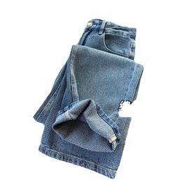 Woven 1.8 Meters Long, Bamboo Pole Legs, Woven Herringbone Pattern, Blue Jeans, Women's High Waisted Straight Leg Pants, Spring/Summer 22 Jeans Jeans