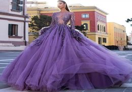 Arabic Purple Ball Gown Feather Evening Dresses Long Sleeves Women Prom Dress Tulle Puffy Sweet 16 Birthday Party Gowns8890874