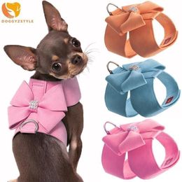 Pet Dog Vest Harness Bling Rhinestone Girl Bow Tie No Pull Soft Suede Leather Puppy Vest Harness Leash Set Cat Kitten Collar Set 2275a