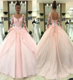 Light Pink Quinceanera Dresses Long Sleeves 2020 Ball Gown Princess Sweet 16 Birthday Sweet Girls Prom Party Special Occasion Gown8653393