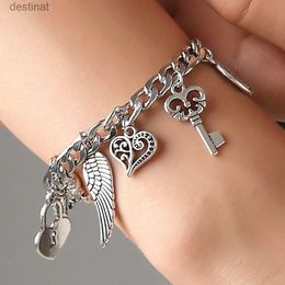 Beaded Vintage Silver Color DIY Elephant Heart Lock Key Bangle Flower Star Wings Fashion Pendant Charm Bracelet for Men WomenL24213