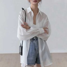 Women's Blouses Shirts Korean Sunsn Shirt Women 2023 Summer Clothes Fashion Bandage Blouses Elegant Loose Long Sle See Through White TopsL24312