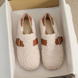 2024 Buckle Wool Mocasines Strap Shoes 200 Casual Women Sheep Fur Flats Winter Bare Foot Cotton Lady Warm Lambswool Loafers Fleeces Ballets 730