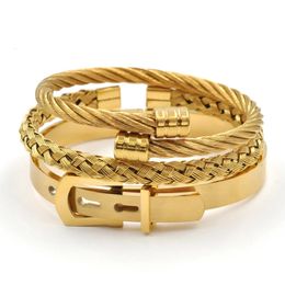 Stainless steel Jewellery Set Belt Design Buckle Bracelet Men's Gold Black cable Metal bracelet for Women Bijoux Lover Gift 240228