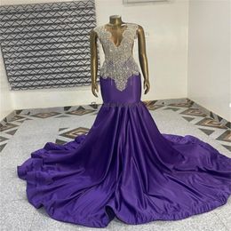 Luxury Diamond Purple Evening Dress Gorgeous Plus Size Beaded Mermaid Prom Dresses For Black Girls Elegant Satin Formal Occasion Party Gowns vestidos de fiesta 2024