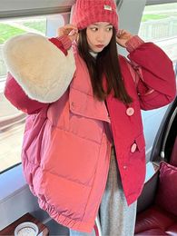 Women's Trench Coats 2024 Winter Korean Pink Stitching Warm Down Cotton Parkas Women Street Fashion Irregular Short Jacket Female Bread