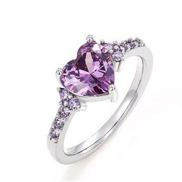 Purple Heart Cubic Zirconia Rings for Women Unique Wedding Engagement Accessories Fancy Lady Gift Romantic Trendy Jewellery